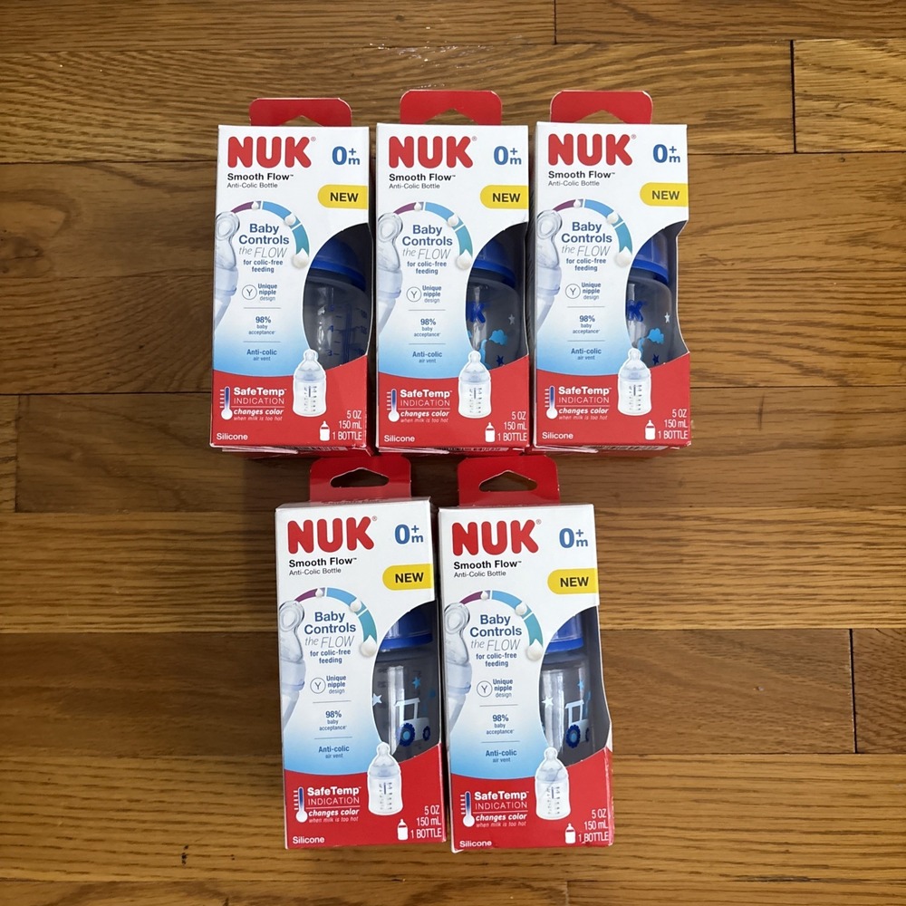 5 NUK Smooth Flow Anti-Colic Baby Bottle 5 oz Blue Train Safe Temp Indicator 0+